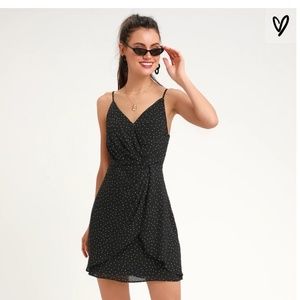 Black polka dot satin mini dress, NWT!